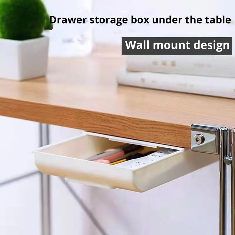 1Pc White Selfadhesive Storage Drawer Box Makeup Pencil Tray Desk Hidden under Desk Stand Self-Adhesive Under-Drawer Storage Box