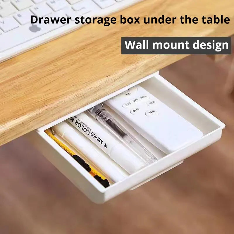 1Pc White Selfadhesive Storage Drawer Box Makeup Pencil Tray Desk Hidden under Desk Stand Self-Adhesive Under-Drawer Storage Box